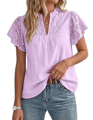 GRACE KARIN Womens Lace Short Sleeve Tops Summer Dressy Casual Cotton Blouses Flowy V Neck Dress Shirts Trendy Clothing 2026, Purple, Medium - Image 1