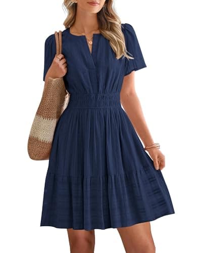 BTFBM Womens Spring 2026 Casual Mini Dresses Lightweight Short Sleeve V Neck Elastic Waist Cute Boho Beach Dress Pockets(Navy Blue, Small) - Image 1