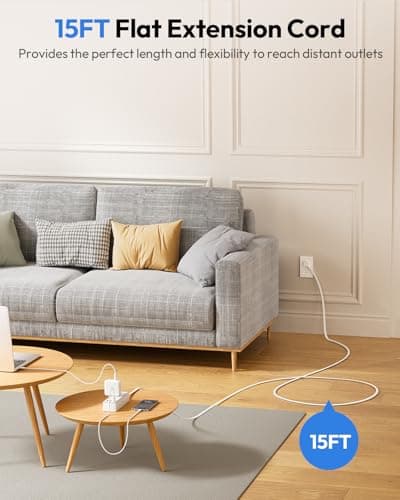 NTONPOWER Flat Plug Power Strip, 15 ft Extension Cord Surge Protector, 6 Widely AC Outlets with 3 USB Ports(1 USB C), Wall Mount, 3-Side Surge Protector Power Strip(1080J), Compact for Small Spaces - Thumbnail 2