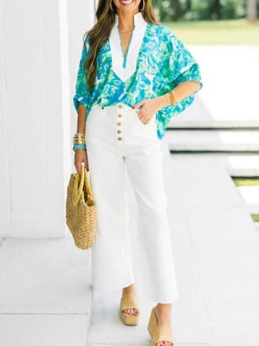 Cicy Bell Womens Summer Floral Blouses V Neck Puff Half Sleeve Boho Tops Color Block Dressy Casual Shirts Green - Thumbnail 4