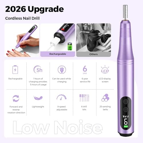 Electric Nail Drill Kit, Electric Nail File Cordless Nail Drill Machine for Acrylic Gel Dip Powder Nails, Professional Portable Manicure Pedicure Rechargeable Lightweight for Home Salon Use - Thumbnail 2