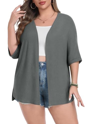 Lastshe Womens Plus Size Cardigan Rolled Short Sleeve Lightweight Split Hem Sweaters Cardigan Wrap,Dark Gray,4X - Image 1