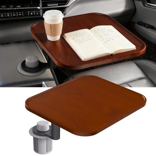 360° Rotation Car Desk for Laptop, Height-Adjustable Cup Holder Table, Wooden Car Food Tray & Laptop Mount Compatible with Tesla Model Y/3/S, Ford F150/Explorer/Maverick & Most Vehicles (Warm Walnut) - Image 1