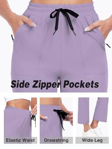 Casual Pants for Women Wide Leg Pants High Waisted Elastic Waist Drawstring Lightweight Travel Work Lounge Comfy Trousers Pants with 2 Pockets Purple XL - Thumbnail 6