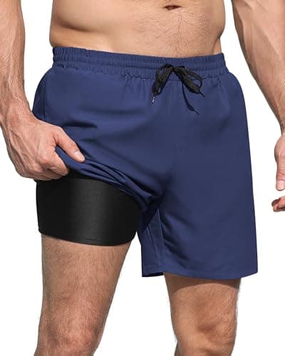 RQP Mens Swim Trunks 2 in 1 Quick Dry Beach Shorts with Compression Liner and Zipper Pockets,Navy Blue - Image 1