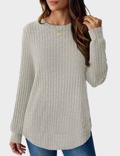 Long Sleeve Shirts for Women Lightweight Sweaters Long Sleeve Tunic Tops Fashion Curved Hem Dressy Cozy Blouses (Apricot, Medium) - Thumbnail 3