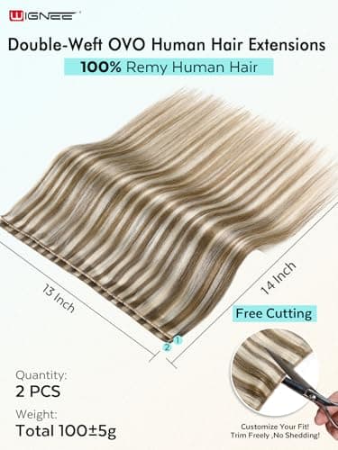 WIGNEE 100% Remy Double Weft Invisible PU OVO Human Hair Extensions 14 Inch Micro Beads Real Human Hair Extensions Blonde Ombre Wefts Hair Extensions Real Human Hair(9A/60) - Thumbnail 2
