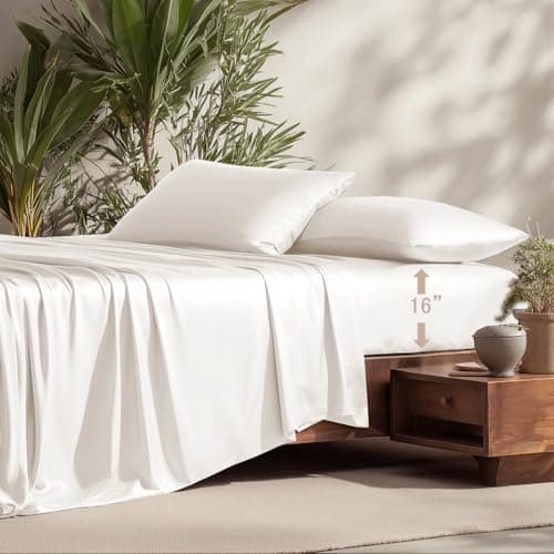NATUREFIELD 100% Rayon Viscose Derived from Bamboo Sheets Set - 4 Piece- Hotel Luxury Silky-Smooth Feel,Cooling Breathable, for Hot Sleepers, 16" Deep Pocket, 240 Thread Count. White California King - Image 1