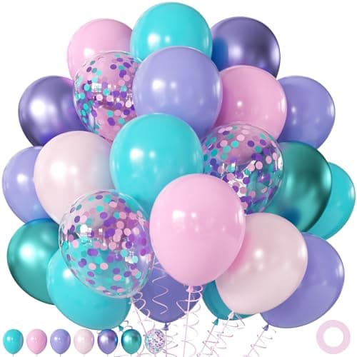 Mermaid Balloons, 60Pcs 12inch Metallic Purple Pink Blue Balloons with Confetti Balloons for Ocean Sea Themed Baby Shower Gender Reveal Birthday Party Decorations - Image 1