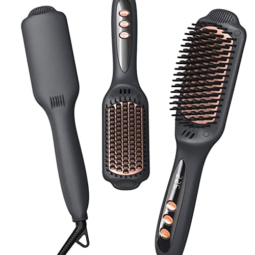 LANDOT Hair Straightener Brush for Thick Curly Hair - Ionic Ceramic Straightening Brush with Dense Bristles & 12 Temp Settings, Dual Voltage, Fast Heating for Frizz-Free Smooth Hair, Black - Image 1