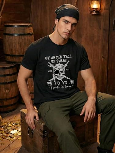 Pirate Shirt Mens Skeleton Graphic Shirt Pirate Theme Funny Trip Short Sleeve Tee Top - Thumbnail 2