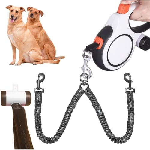 Dual Retractable Dog Leash 2 Large Dogs (Up to 110 Lbs Each), 2 Headed Pet Leash with Poop Bags, 16ft Extension, Non-Slip Grip, One-Button Break & Lock, 360-degree Tangle-Free (White, Large) - Image 1