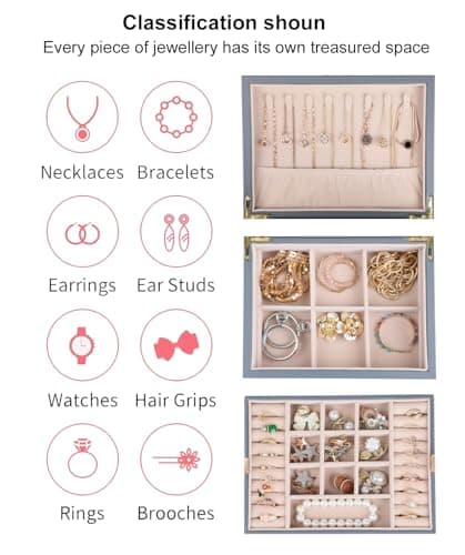 ASINGYER Small Jewelry Organizer for Women, 2-Layer Travel Jewelry Box with Portable Case, Necklace Ring Storage for Dresser, Girls Teens Gifts (Grey) - Thumbnail 4