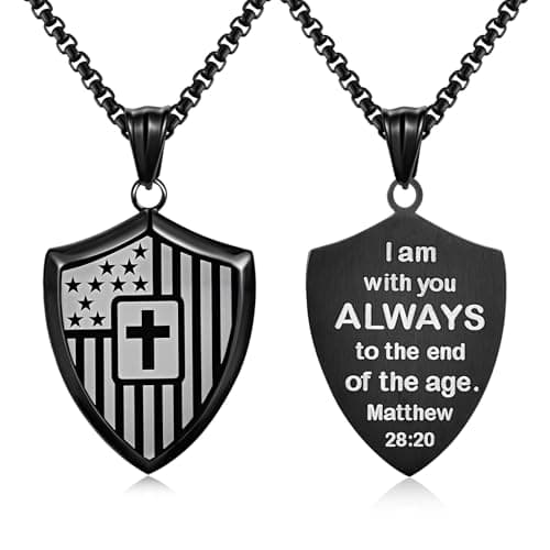 Christian Cross Bible Verse Necklace for Men - Shield American Flag Stainless Steel Chain Black Necklaces Religious Christian Catholic Jewelry Gifts for Men - Image 1