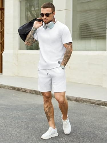 JEMLDL Mens 2 Piece Set Short Sleeve T-Shirt Shorts Summer Jacquard White Outfits Casual Lounge Wear Spring Clothes XL - Thumbnail 4