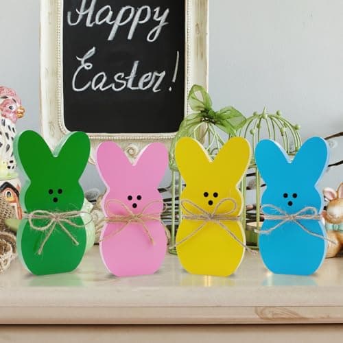 Oeyliz Easter Decorations 4PCS Easter Wooden Bunny Table Decorations Wooden Rabbit Tiered Tray Decor Spring Wood Decor for Home Mantel Home Table Party - Thumbnail 5