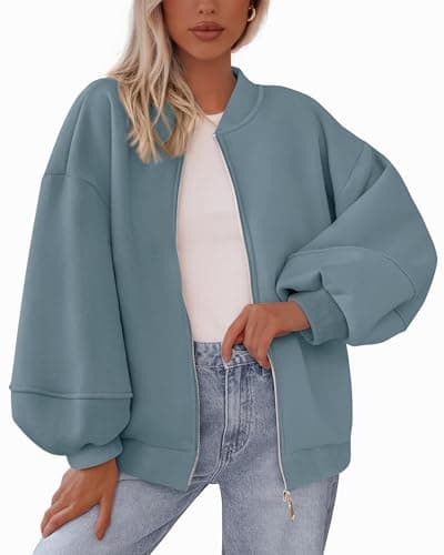 KIRUNDO Oversized Sweatshirt for Women Zip Up Bomber Jacket 2026 Fall Fashion Casual Long Sleeve Outerwear Winter Outfits(Grey Blue, Small) - Image 1