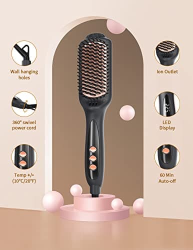 LANDOT Hair Straightener Brush for Thick Curly Hair - Ionic Ceramic Straightening Brush with Dense Bristles & 12 Temp Settings, Dual Voltage, Fast Heating for Frizz-Free Smooth Hair, Black - Thumbnail 6