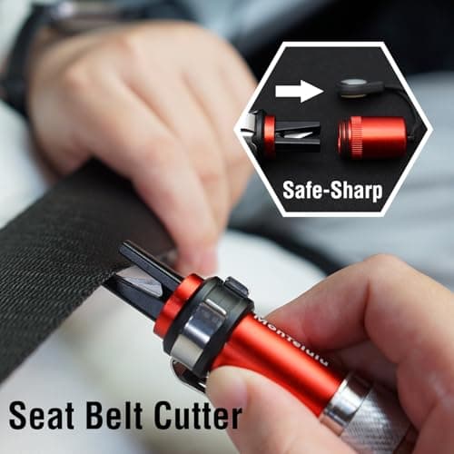 MonTelulu 4-in-1 Car Emergency Escape Tool, Spring-Loaded Window Breaker & Seatbelt Cutter with Tungsten Steel Hammerhead, Anti-Slip Luminous Design, with Practice Glass & Visor Clip (Red 1 Pack) - Thumbnail 5