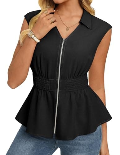 GRACE KARIN Womens Peplum Tops Business Casual,Short Sleeve Work Blouses Summer,Zipper V Neck Shirts Cinched Smocked Waist, Black, X-Large - Image 1