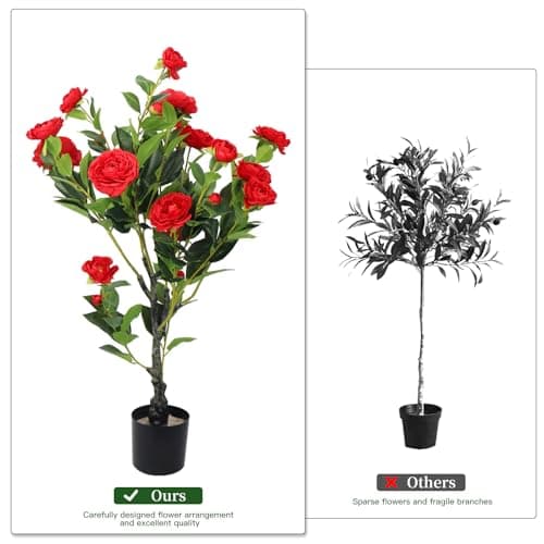 2 Pack Artificial Camellia Tree, 36" Red Faux Camellia Plant, Fake Indoor Outdoor Tree for Home, Office, Porch, Living Room, Red - Thumbnail 3