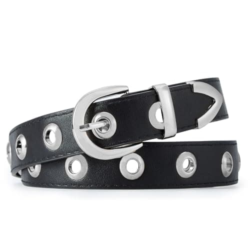 EONTISO Women Studded Leather Belt for Jeans, Punk Silver Grommets, Western Silver Buckle Black S - Image 1