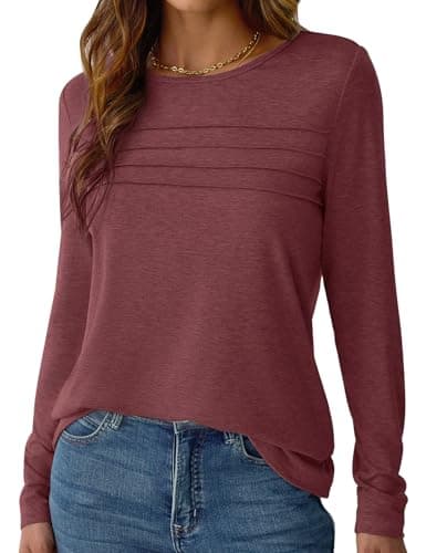 NORACORA Womens Long Sleeve Tops Spring Round Neck Dressy Shirts Tunic Pleated Tees Business Casual T-Shirts Fall Goning Out Outfits Wine Red XXL - Thumbnail 2