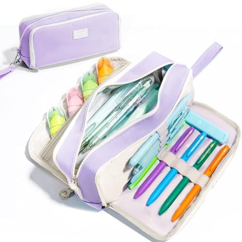 Four Candies Puple Pencil Case 3 Compartment Pouch, Large Pencil Case for School, Girls, Teen Boys, Women, Puple, Removable Handle & Zipper, Cute Pencil Bag for Office, College - Image 1