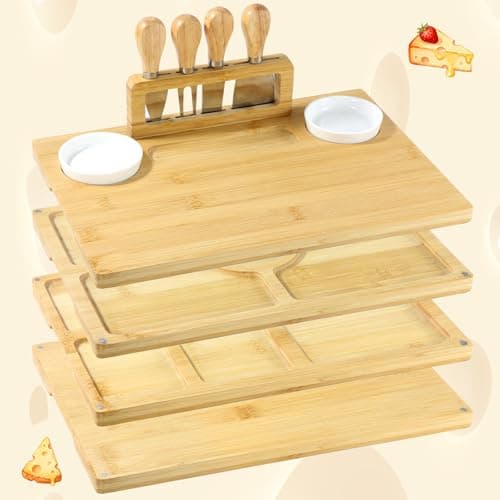 Bamboo 4 Piece Charcuterie Platter - Cheese Board Knife Set, Wooden Dinner Plate and Knife Set with Knife Holder, Suitable for Personalized Gifts Weddings, Housewarming, Birthdays, Christmas - Thumbnail 3