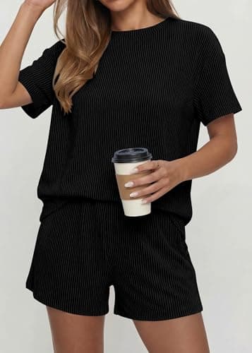 KIRUNDO Two Piece Sets for Women Dressy Casual Ribbed Knit Short Sleeve Top Matching Shorts Lounge Set 2026 Summer Outfits(Black, Medium) - Thumbnail 3