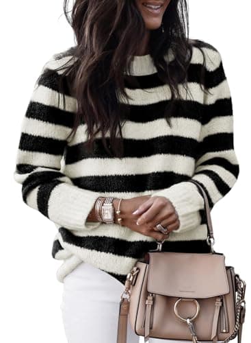 Dokotoo Oversized Sweaters for Women Wool Crewneck Ribbed Knit Tops Striped Color Block Holiday Fall Winter Business Casual Colorful Pullover Sweater Trendy Black Large - Image 1