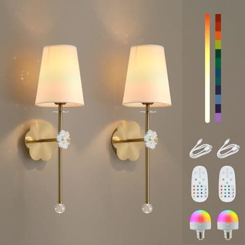 MHSNL Battery Operated Wall Sconces,Crystal Plum Blossom Decor Rechargeable Wall Lights Set of 2 with Detachable and Remote Cordless Wall Sconce Indoor for Bedroom Living Room Hallway Stairs Gold - Image 1