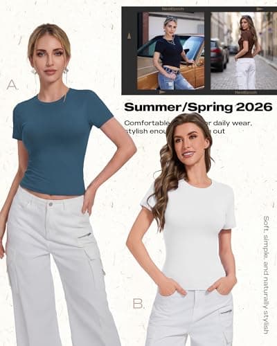NexiEpoch 5 Pack T Shirts for Women - Crew Neck Short Sleeve Crop Tops Plain Casual Basic Tees Fitted Clothes Cute Y2K Outfit - Thumbnail 2