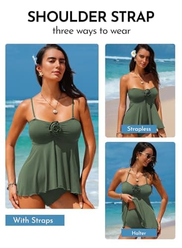 Aleumdr Women's Tankini Sets for 2026 Bandeau Strapless Floral Padded Push up Tank Top Tummy Control Bathing Suit High Waisted Swim Bottom Mist Green Small - Thumbnail 6
