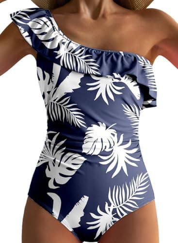 Dokotoo Lady Cold Shoulder One-Piece Swimsuit One Shoulder 2026 Asymmetric Removable Padded Ruffled Sleeve Cute Monokinis Tummy Control Plus Size Swimwear,Painting XX-Large - Image 1