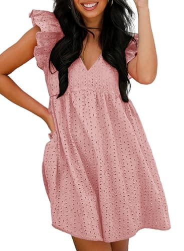 Dokotoo Sun Dresses for Women 2026 Elegant A Line Hollow Out Lace Ruffle Casual Dress Sexy V Neck Pink Dresses Fashion Hollow-Out Vacation Dress Medium - Image 1