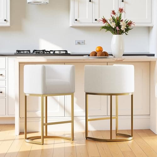 Styecofur Counter Height Bar Stools Set of 2, White and Gold Bar Stools, 26" Modern Barrel Counter Stools with Backrest and Arms, Linen Fabric Upholstered & Metal Base, for Kitchen Island and Bar - Image 1