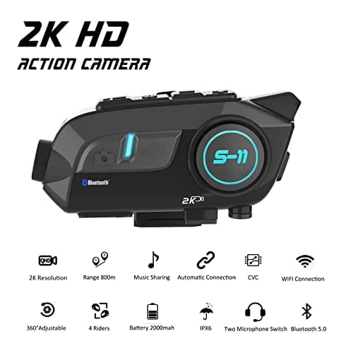 SCSETC S-11 Motorcycle Bluetooth Headset with 2K HD Camera & Video,3000m 6 Riders Intercoms,WiFi Transit/CVC Noise Cancellation/360°Adjustable/Auto Connection/Music Sharing/32GB SD Card (A) - Thumbnail 2