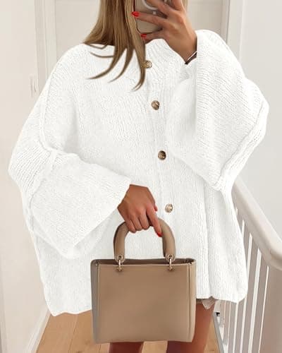 BTFBM Cardigan Sweaters for Women 2026 Fall Clothes Lantern Long Sleeve Button Open Front Chunky Knit Oversized Sweater(White, Small) - Thumbnail 3