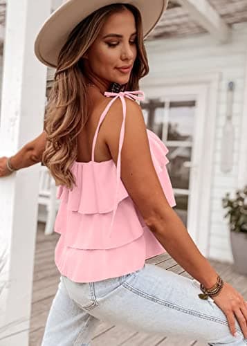 KIRUNDO Spaghetti Strap Ruffle Babydoll Peplum Tank Tops for Women 2026 Summer Cute Flowy Beach Vacation Cruise Outfits(Pink, Medium) - Thumbnail 4