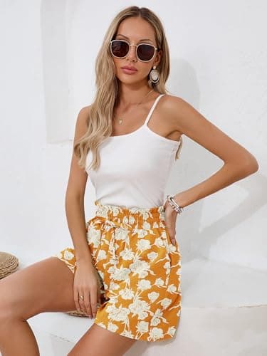 Moodclo Summer Casual Shorts with Pockets White Flower Yellow Small for Women High Waisted Wide Leg Womens Boho Shorts Drawstring Beach Vacation 2025 Clothes - Thumbnail 5