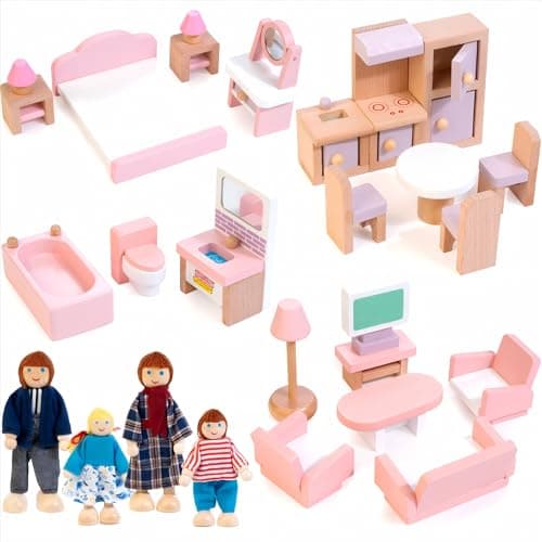 Kizfarm Wooden Dollhouse Furniture Set with 4 Family Dolls, 26 Pcs Pretend Play Dollhouse Accessories for 4 Rooms, Pink Furniture Toys Birthday Gifts for Girls Boys Age 3+ - Image 1
