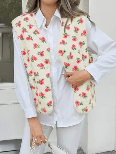 Cicy Bell Womens Fuzzy Fleece Vest Fall Floral Sleeveless Sherpa Jacket Lightweight Button Down Warm Outerwear with Pockets - Thumbnail 3