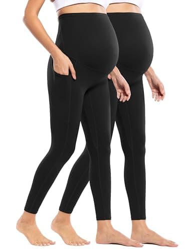 POSHDIVAH 2 Pack Women's Maternity Workout Leggings with Pockets Over The Belly Pregnancy Soft Athletic Yoga Pants Black Medium - Image 1