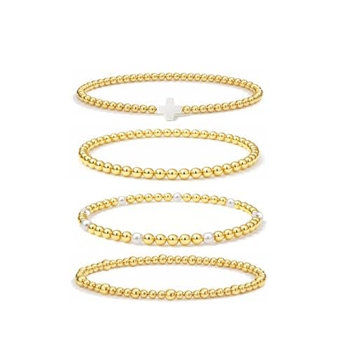 Fohufo Gold Bracelets for Women Gifts - Easter Basket Stuffers for Women Adults, Gold Bracelet Stack, Bead Bracelets for Women Birthday Gifts Easter Basket Stuffers, Pearl Bracelet Jewelry - 4 Pcs - Image 1