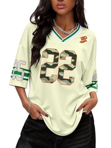 TAKEYAL Football Jersey Oversized Graphic Tees for Women V Neck Tshirts Y2K Summer Clothes 2000S Tops X-Large Beige - Image 1