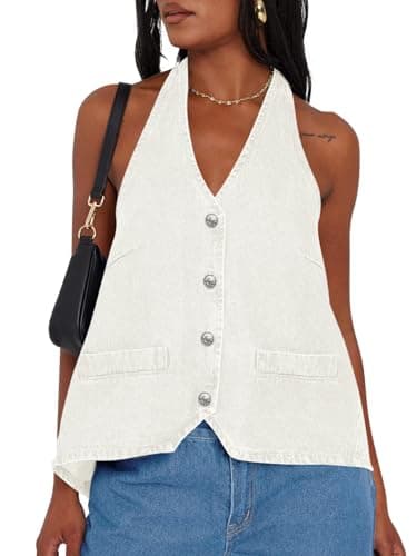 Tankaneo Womens Halter Denim Vest Tops Summer Open Back Y2K Going Out Tank Tops V Neck Button Down Jean Shirts - Image 1