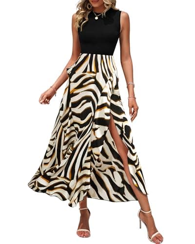 BTFBM Women Casual Sleeveless Summer Dresses 2026 Spring Crewneck Patchwork Boho Floral Ruffle Cocktail Party Midi Dress(Striped, XX-Large) - Image 1