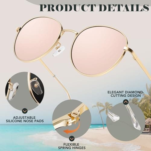 GQUEEN Retro Round Polarized Sunglasses Womens Men Spring Hinge Metal Frame Trendy Hippie Oval Sun Glasses Shades UV400,Mirrored Gold Pink - Thumbnail 3