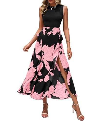 BTFBM Women Casual Sleeveless Summer Dresses 2026 Spring Crewneck Patchwork Boho Floral Ruffle Cocktail Party Midi Dress(Big Floral Pink, X-Large) - Image 1